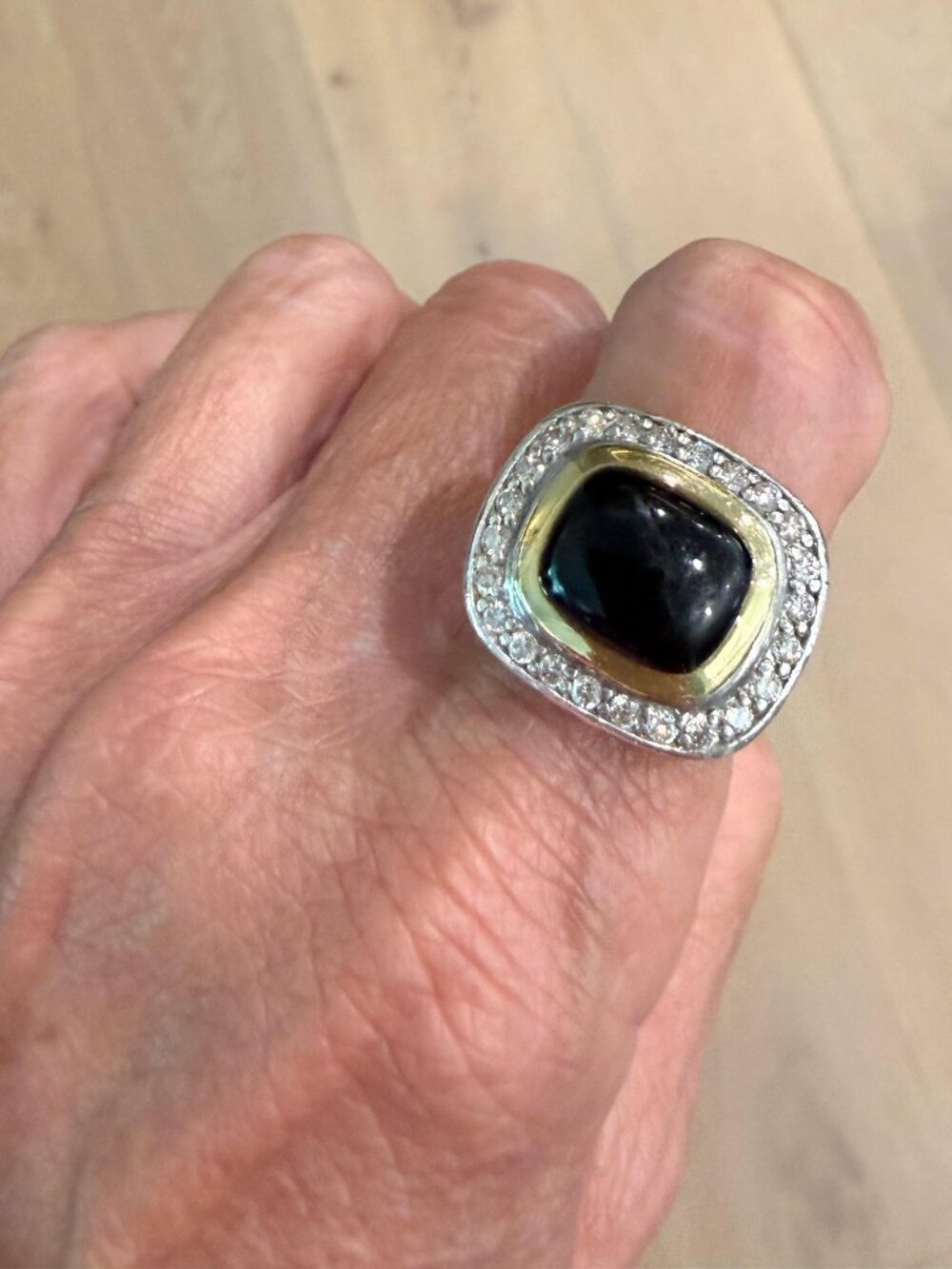 VINTAGE DAVID YURMAN SS & 18K DIAMOND ONYX ALBION RING